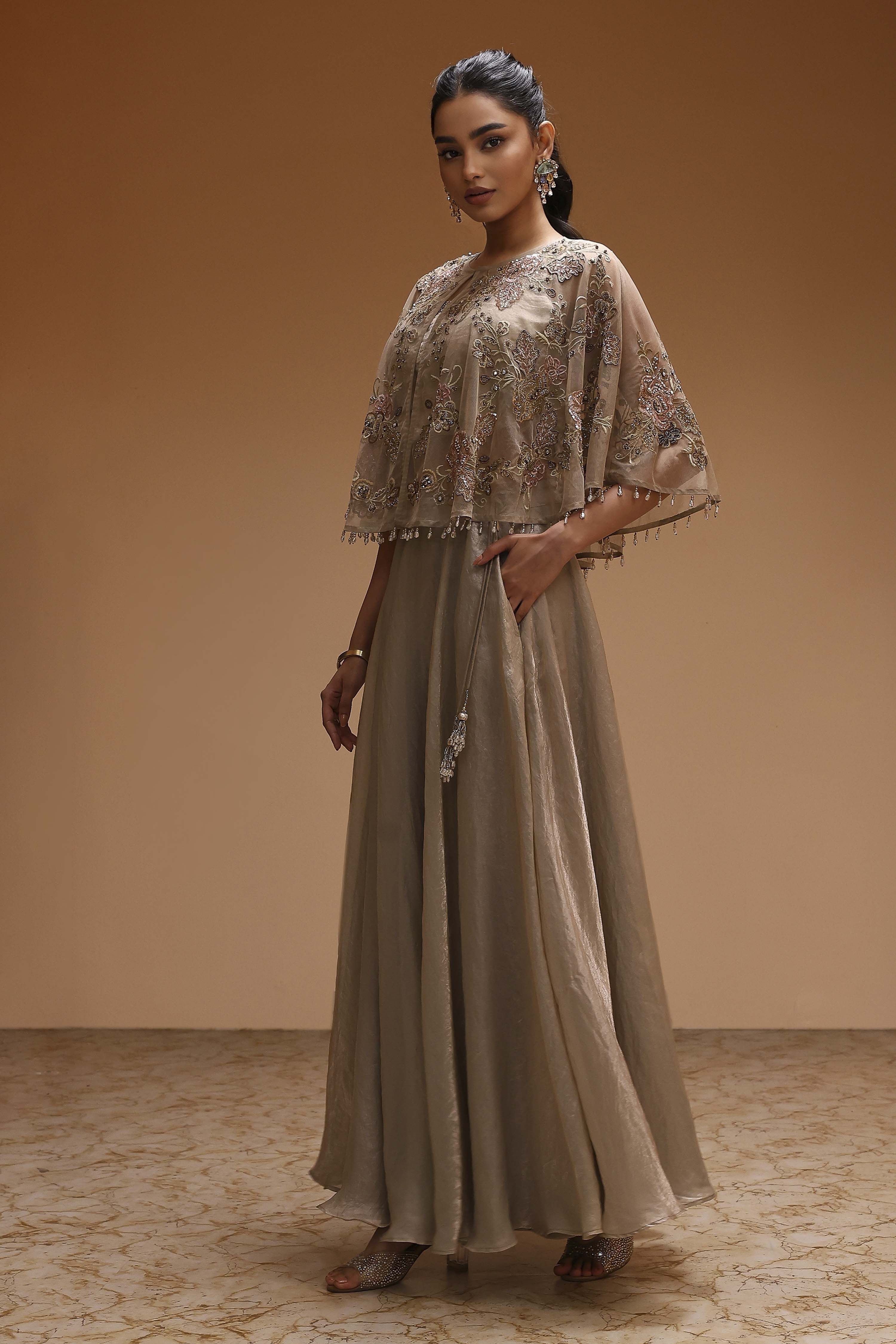 Grey Polyester Floral Embroidered Lehenga Set image number 3
