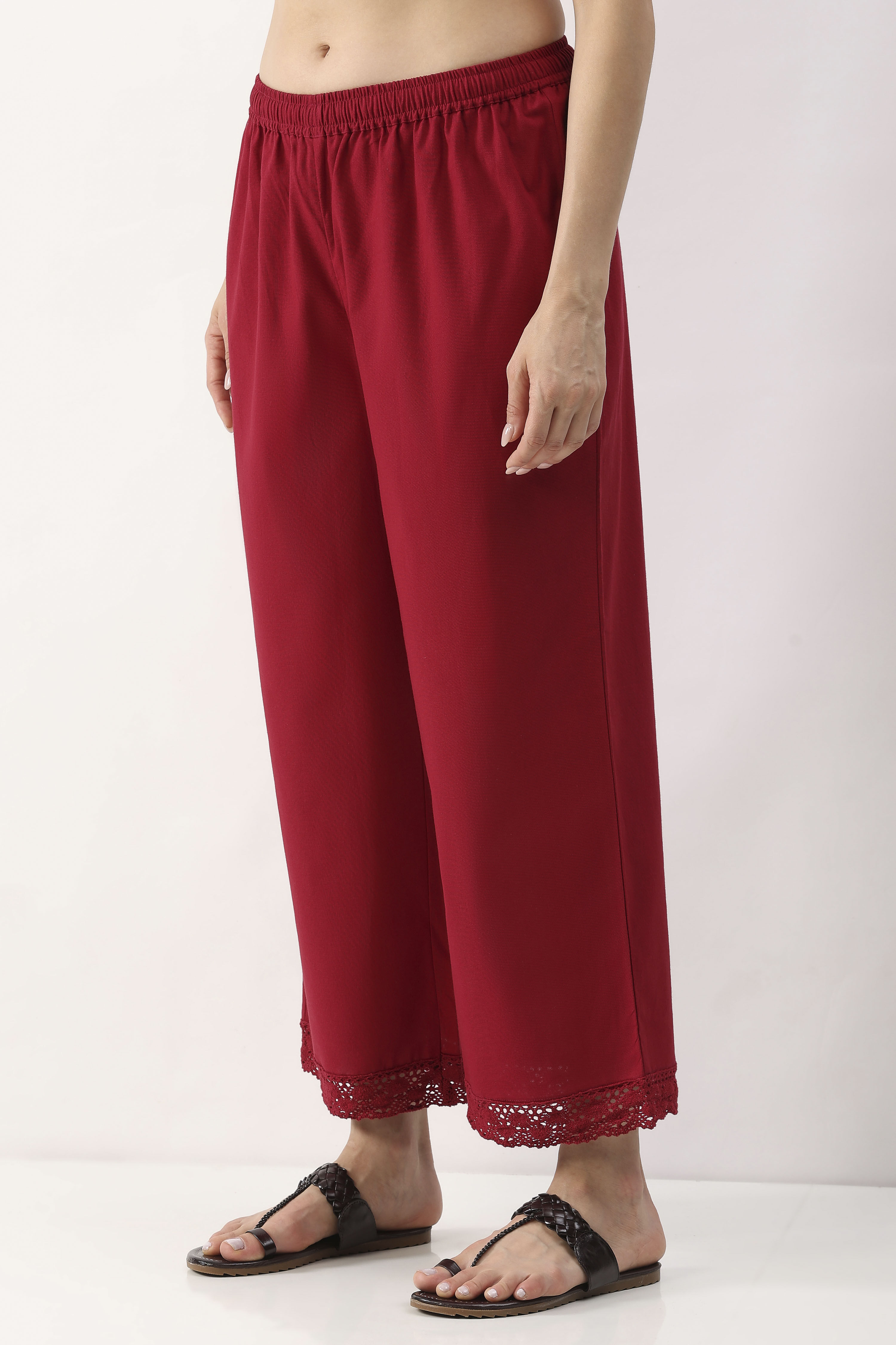 Maroon Cotton Straight Palazzo image number 2