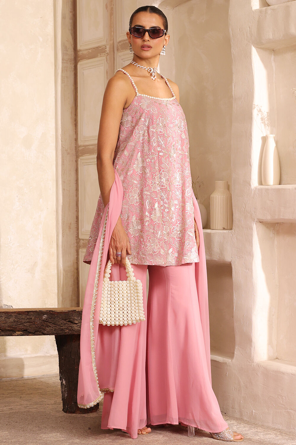 Baby Pink Poly Georgette Zari Embroidered Flared Suit Set image number 5
