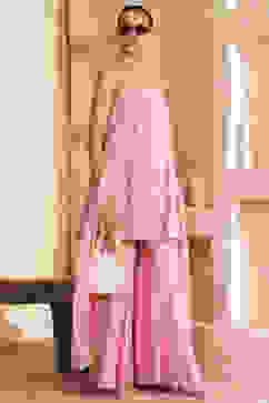 Baby Pink Poly Georgette Zari Embroidered Flared Suit Set image number 5