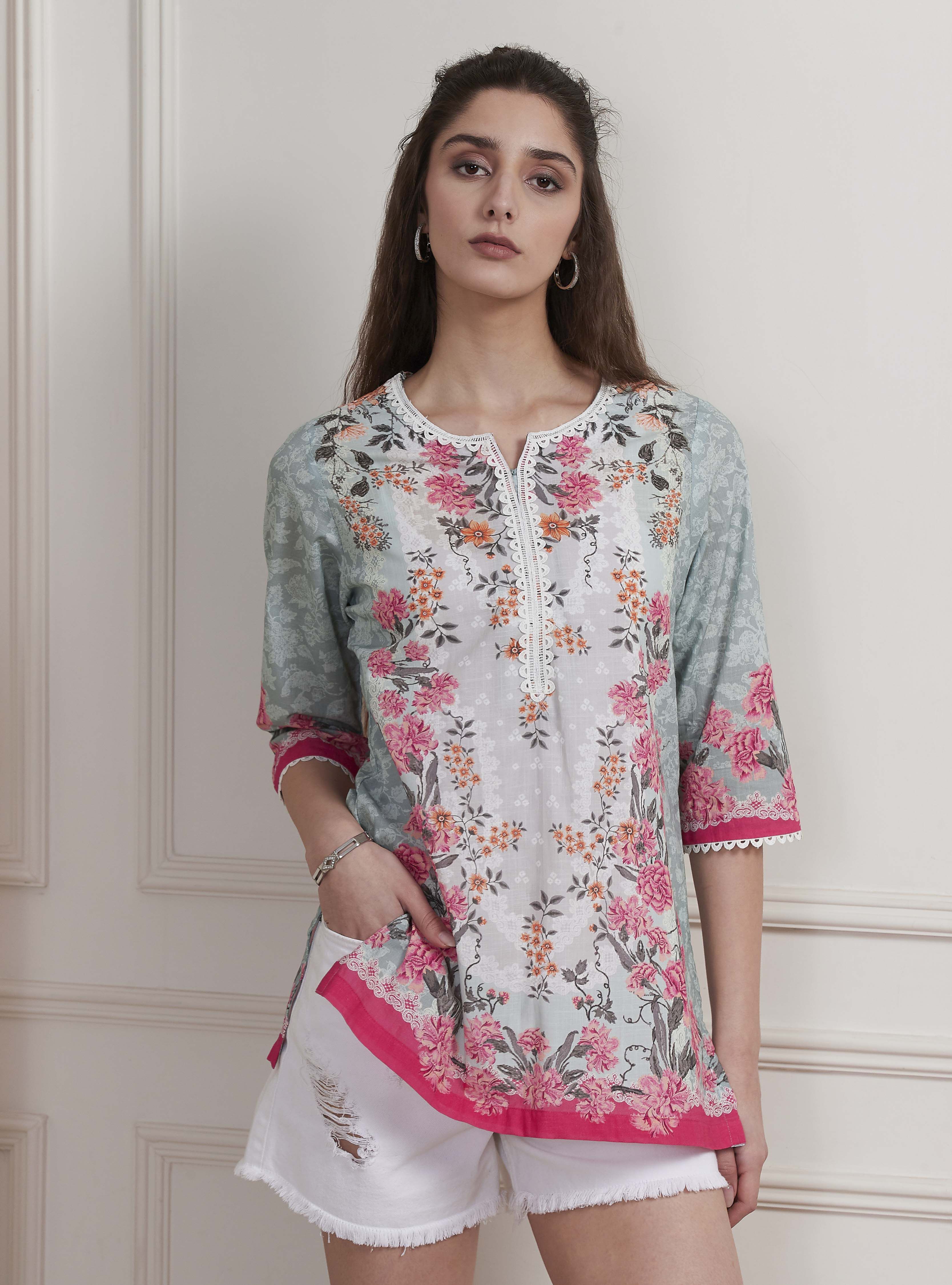 Blue Cotton Printed Straight Short Kurta image number 5