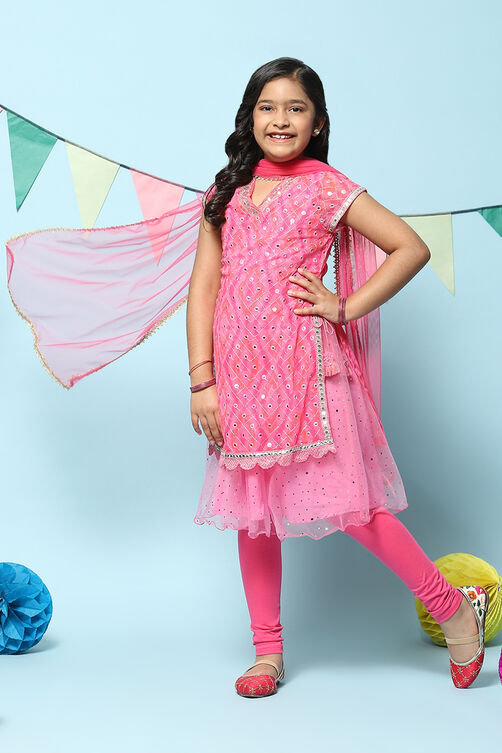 Pink Cotton Blend Layered Printed Suit Set image number 0
