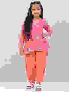 Orange Cotton Flared Printed Kurta Set image number 0