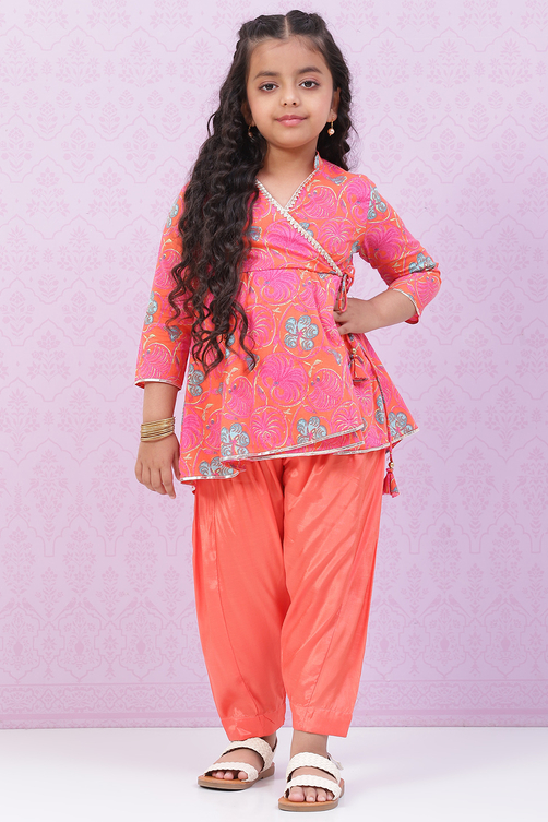 Orange Cotton Flared Printed Kurta Set image number 0