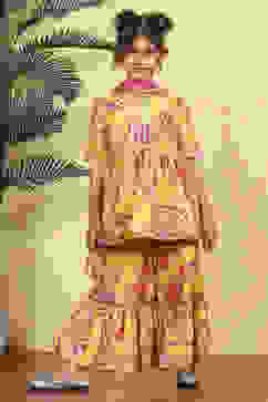 Yellow Cotton Printed Kalidar Sharara Suit Set image number 0