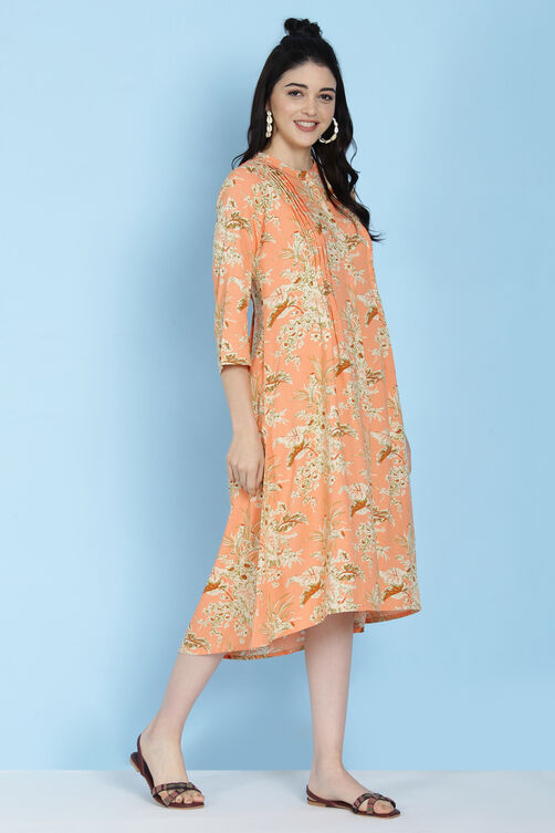 Peach Rayon A-line Printed Kurta Dress image number 3