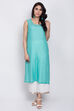 Aqua Poly Cotton A-Line Embroidered Kurta image number 3