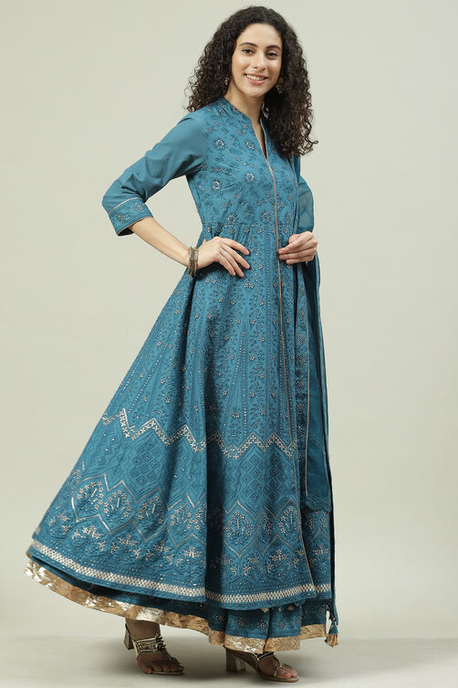 Teal Art Silk Anarkali Kurta Skirt Suit Set image number 6