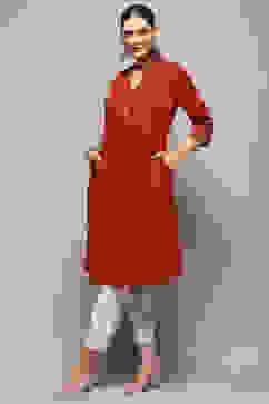 Rust Solid Regular Fit Straight Kurta image number 0