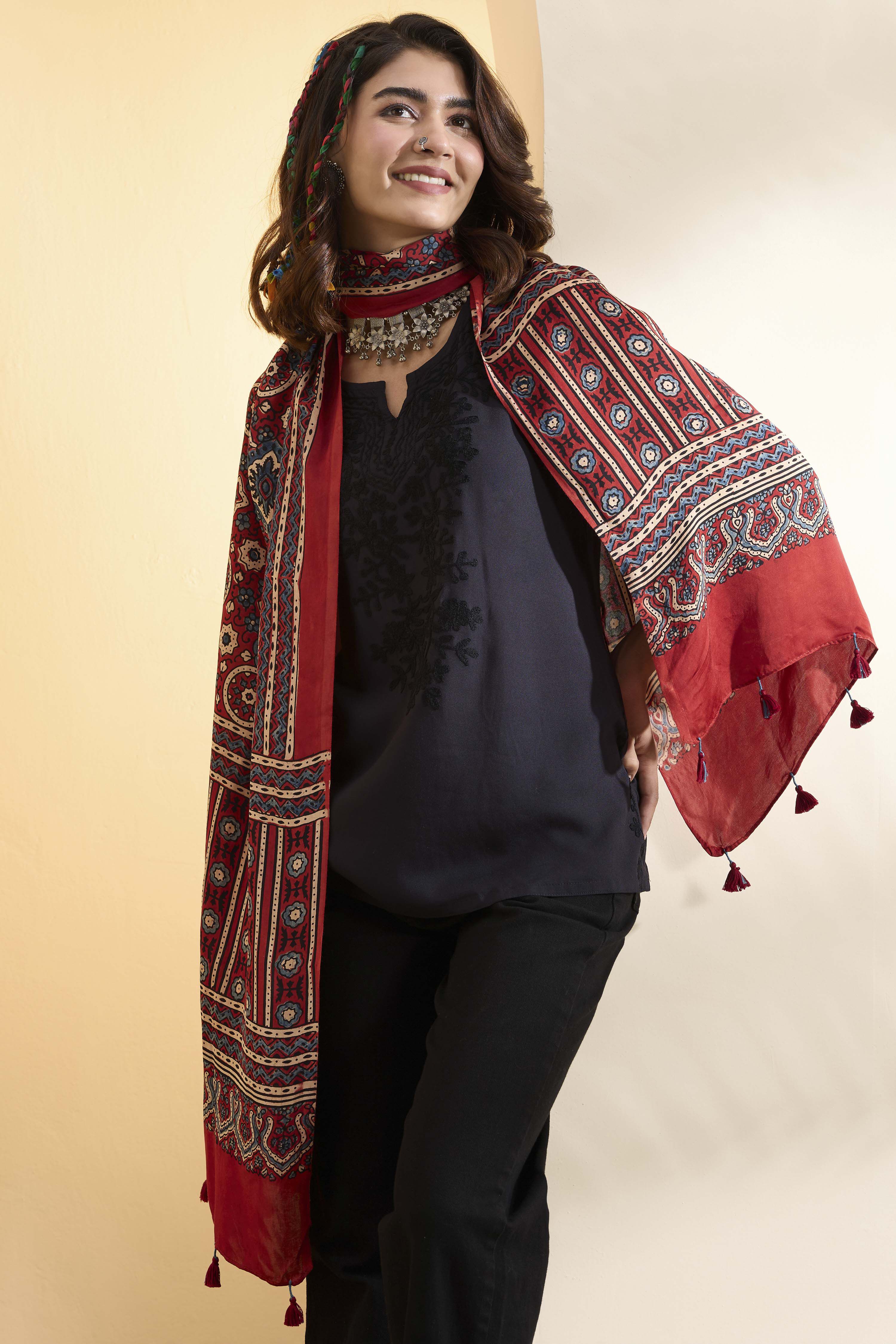 Red Modal Silk Ajrakh Dupatta image number 1