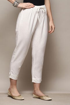 White Cotton Flax Slim Solid Pants image number 3
