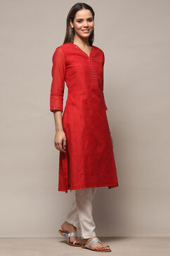 Red Polyester Asymmetric Kurta image number 4