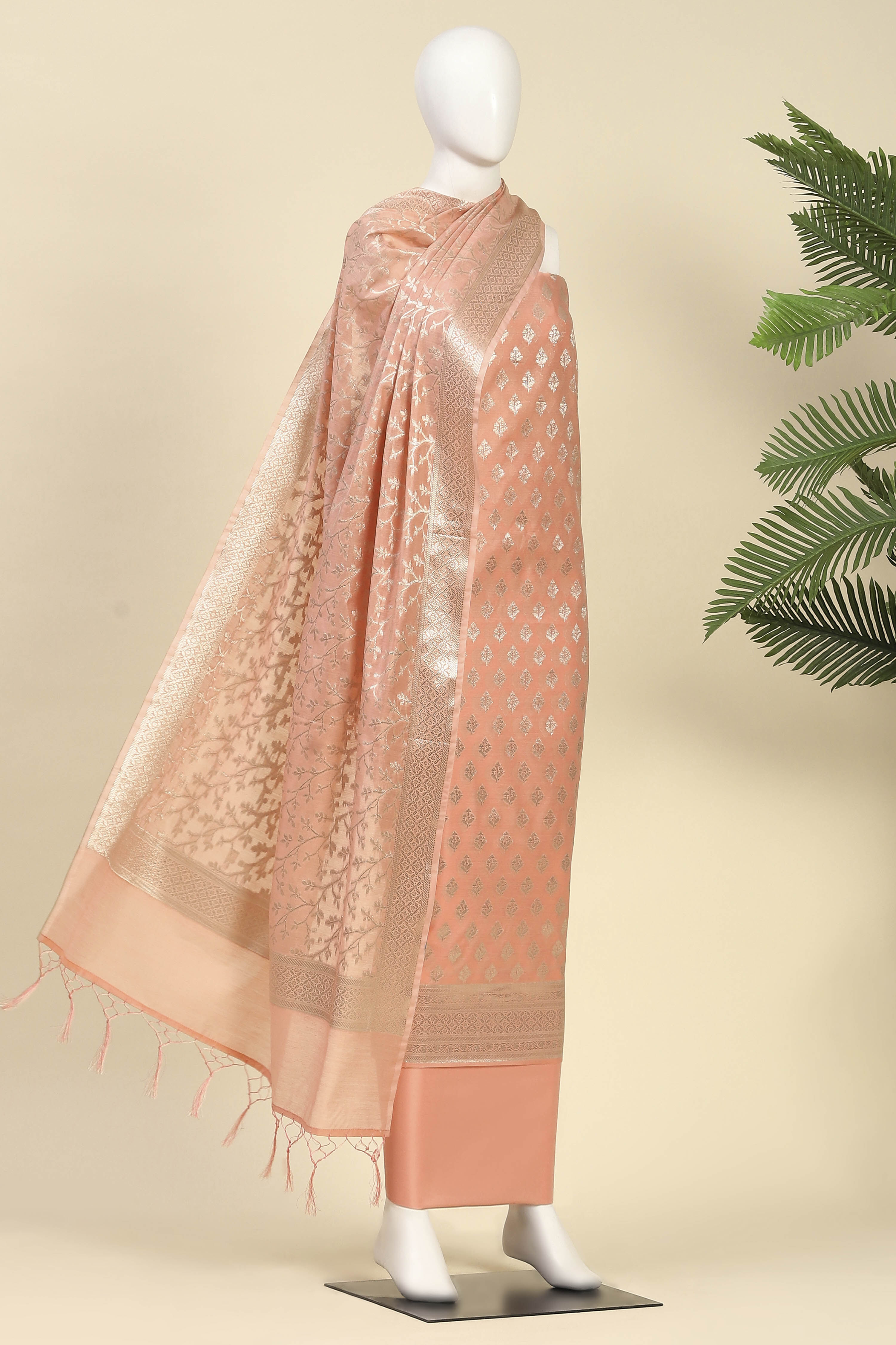 Peach Chanderi Printed Unstitched Suit Set image number 4