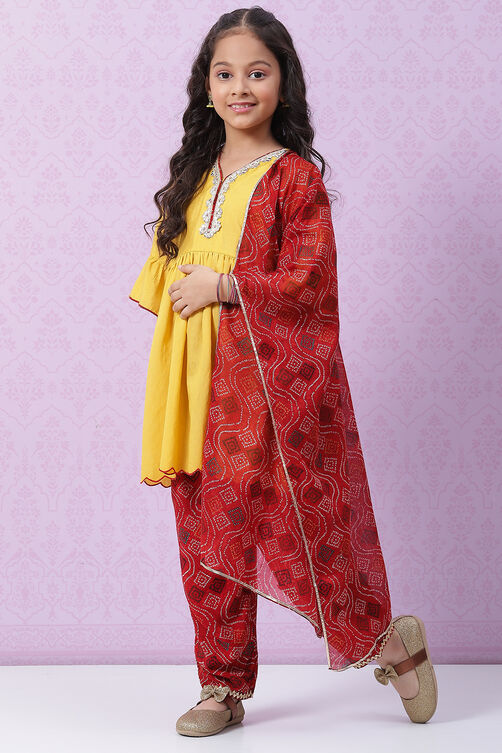 Ochre Yellow Nylon Flared Kurta Salwar Suit Set image number 0