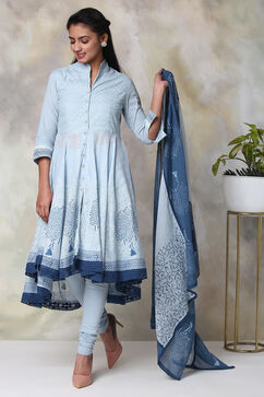 Powder Blue Cotton Asymmetric Kurta Churidar Suit Set image number 0