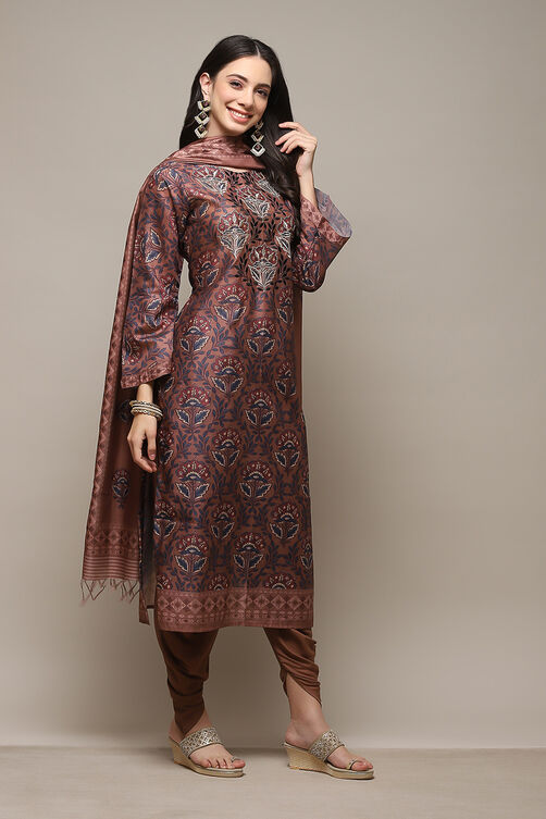 Brown Linen Blend Panelled Unstitched Suit Set image number 7