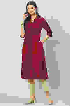 Maroon Cotton A-Line Printed Kurta image number 0