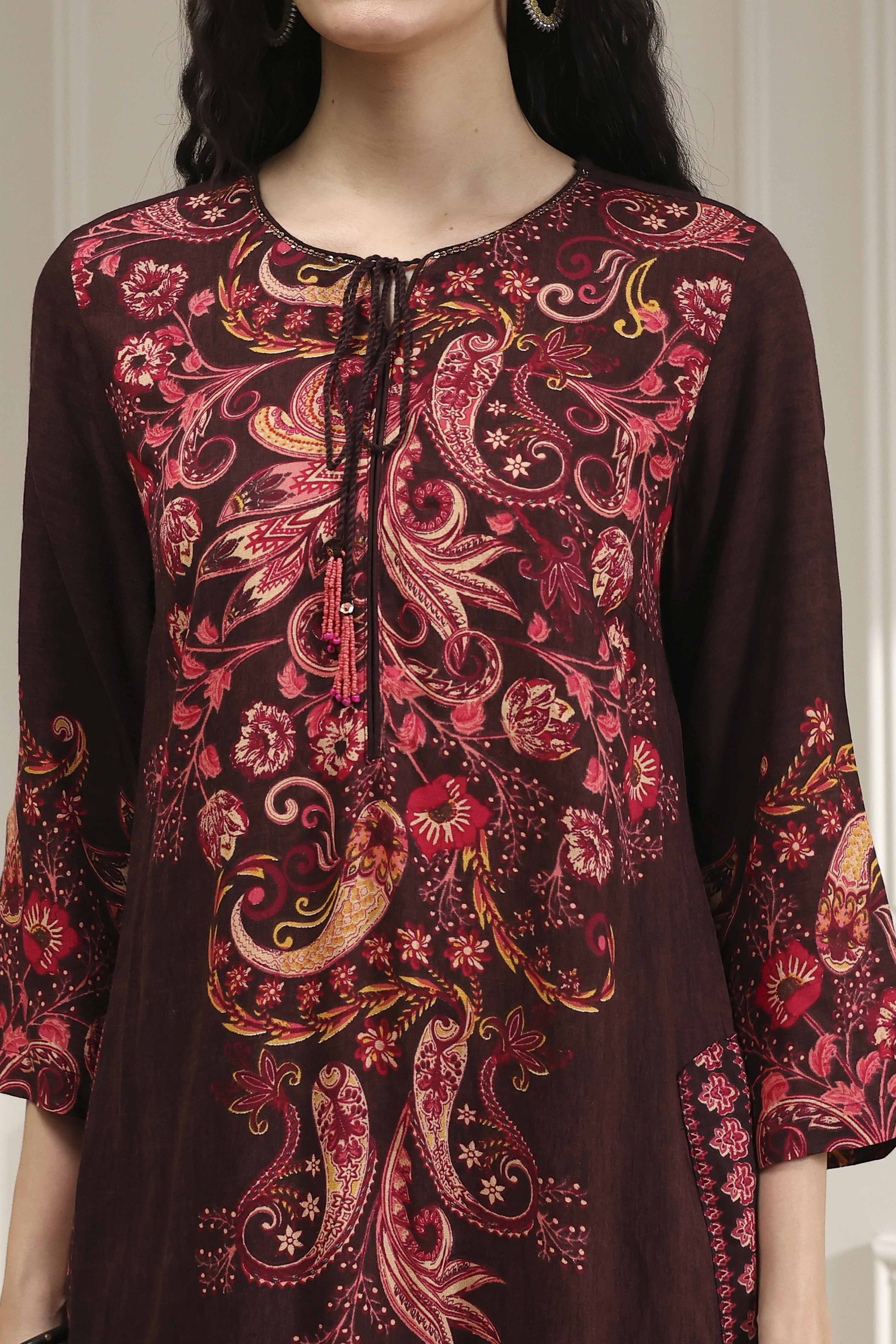 Brown Printed Straight Suit Set image number 1