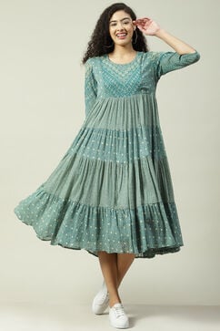 Teal Cotton Flared Fusion Printed Dress image number 0