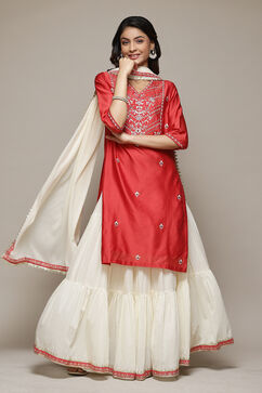 Red & Off White Cotton Blend Straight Kurta Suit Set image number 0