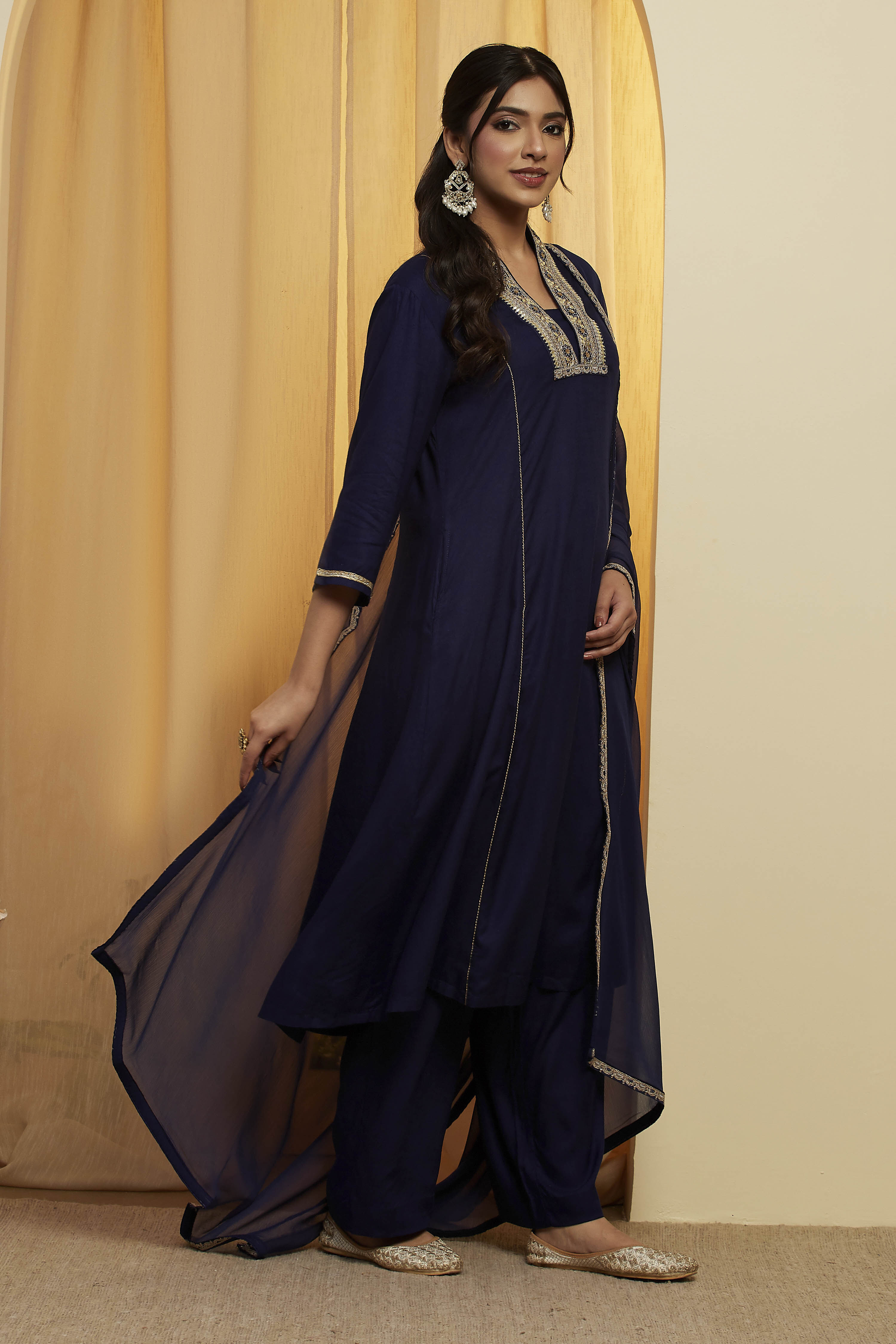Navy Blue Viscose Rayon Yoke Design Straight Kurta Set image number 4