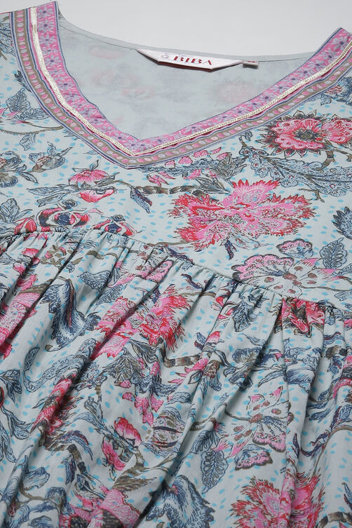 Dull Sea Blue Cotton Gathered Kurta Churidar Suit Set image number 5