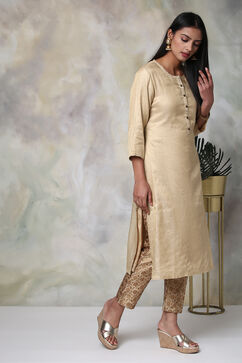 Beige Metallic Cotton Straight Kurta Pant Suit Set image number 4