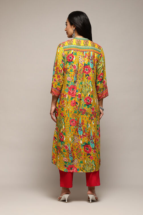 Yellow LIVA Straight Printed Kurta image number 4