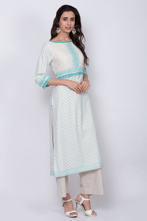 Off White Cotton Straight Printed Kurta image number 0