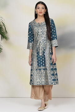 Teal Silk Straight Kurta image number 0