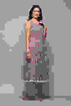 Off White Cotton Layered Printed Kurta Churidar Suit Set image number 8