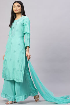 Turquoise Art Silk Hand Embroidered Unstitched Suit Set image number 5
