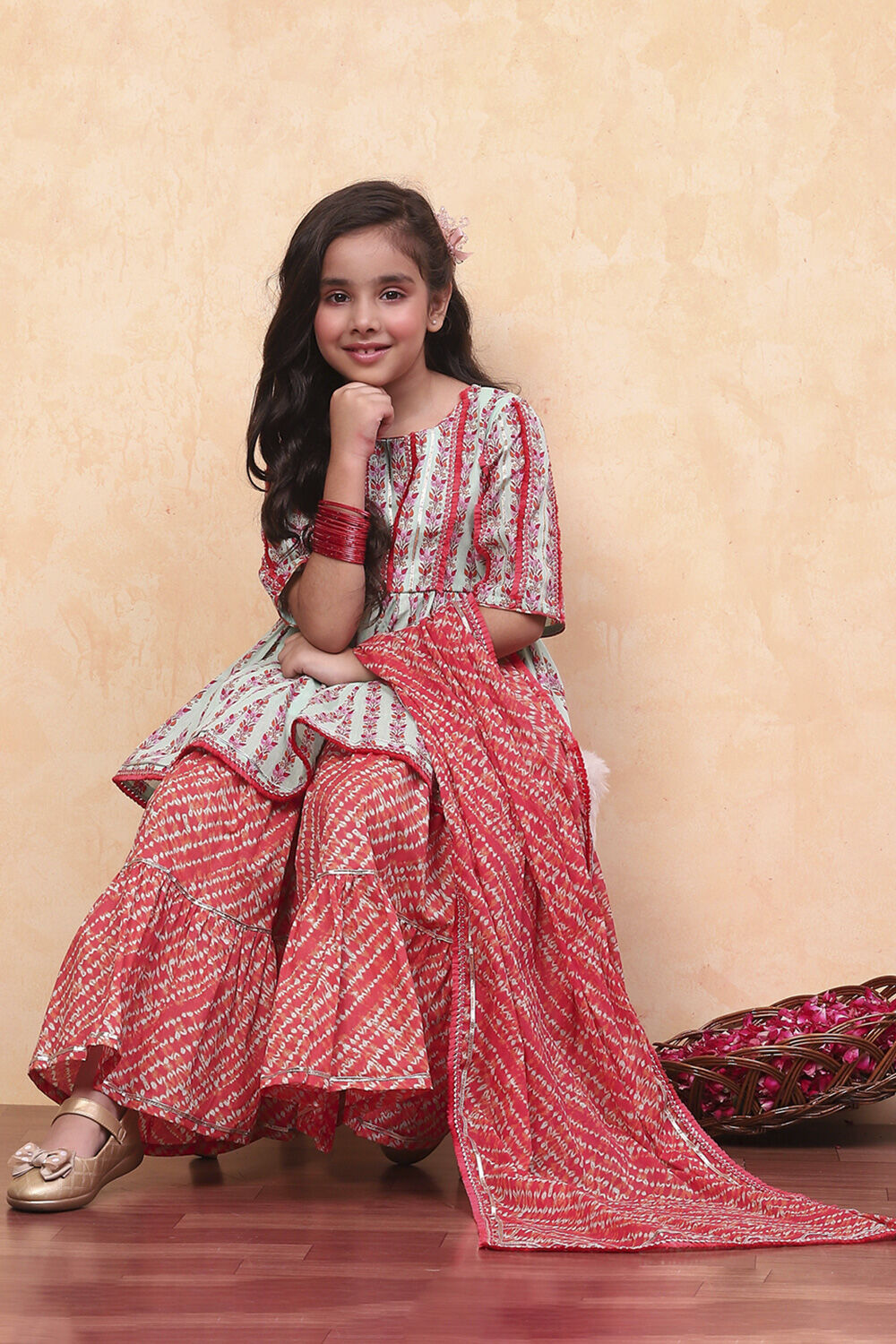 Aqua and Coral Cotton Printed Gathered Suit Set image number 0