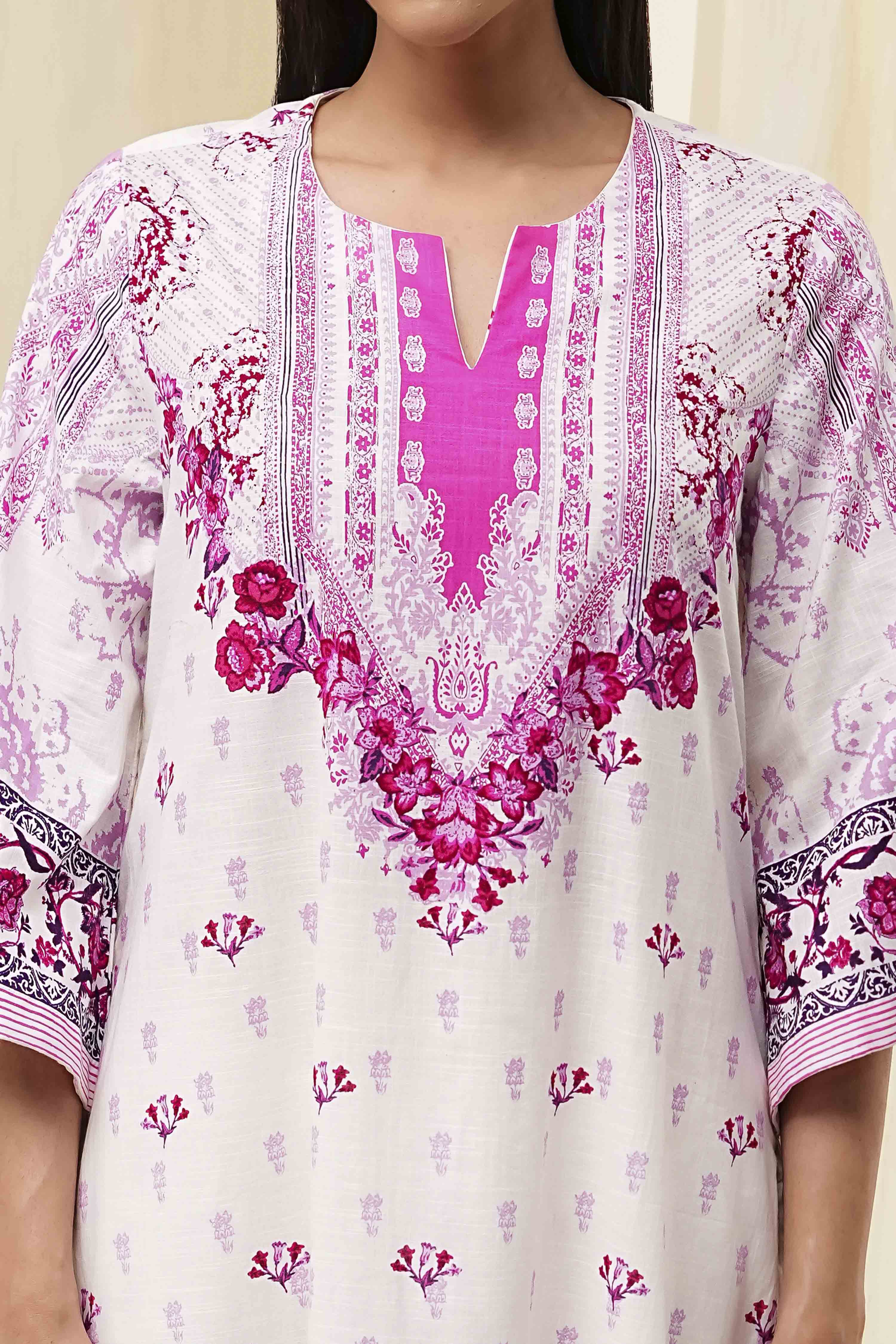 White and Pink Cotton Printed Straight Suit Set image number 1