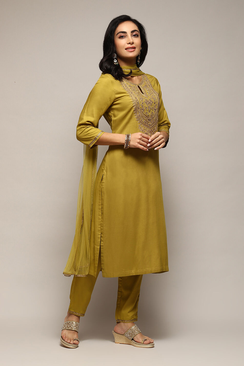 Lime Green LIVA Gathered Kurta Ankle Length Suit Set image number 6