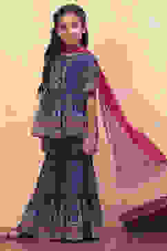 Blue Floral Georgette Gathered Flared Festive Suit Set image number 3