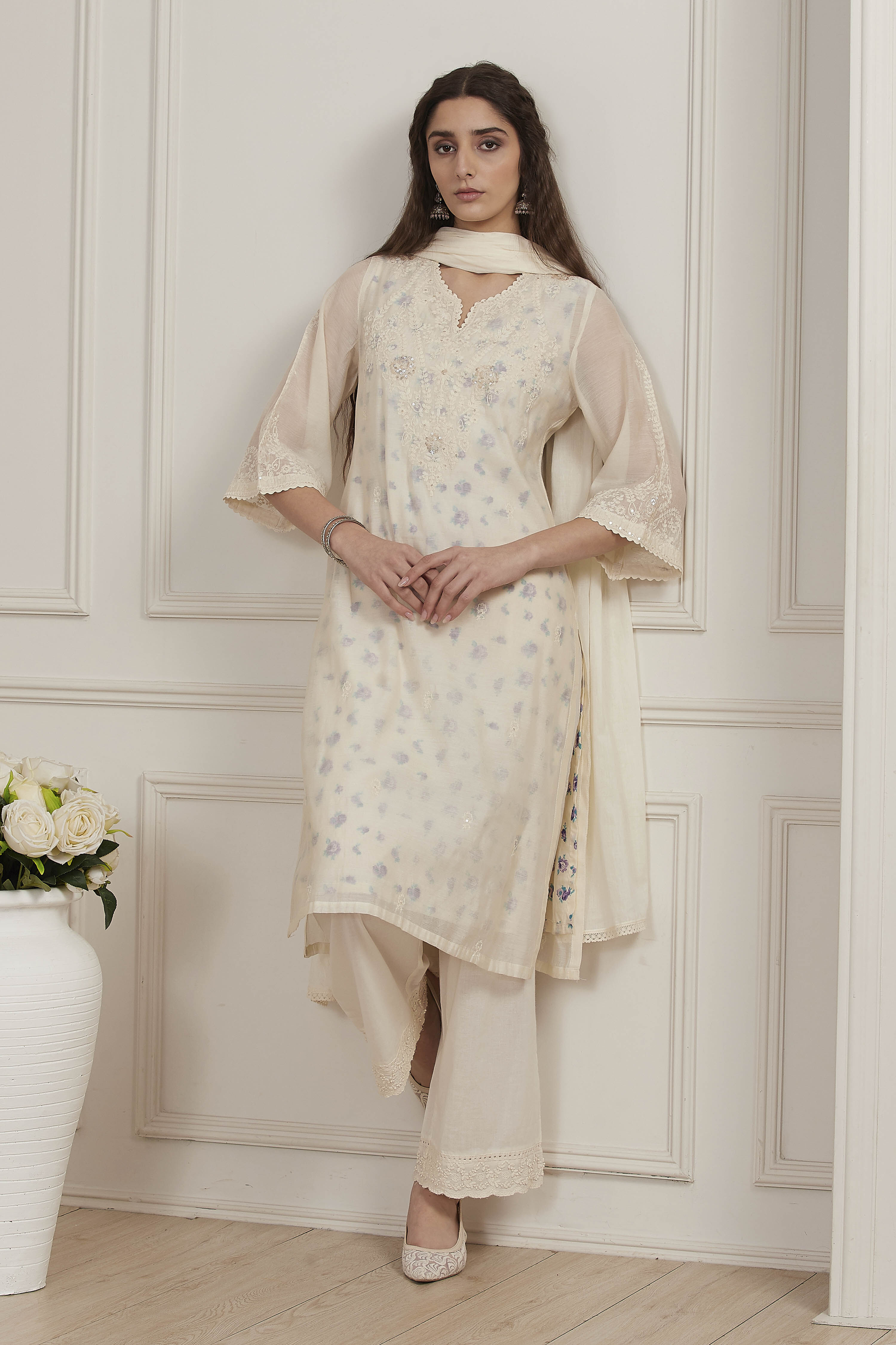 White Poly Chanderi Straight Suit Set image number 0