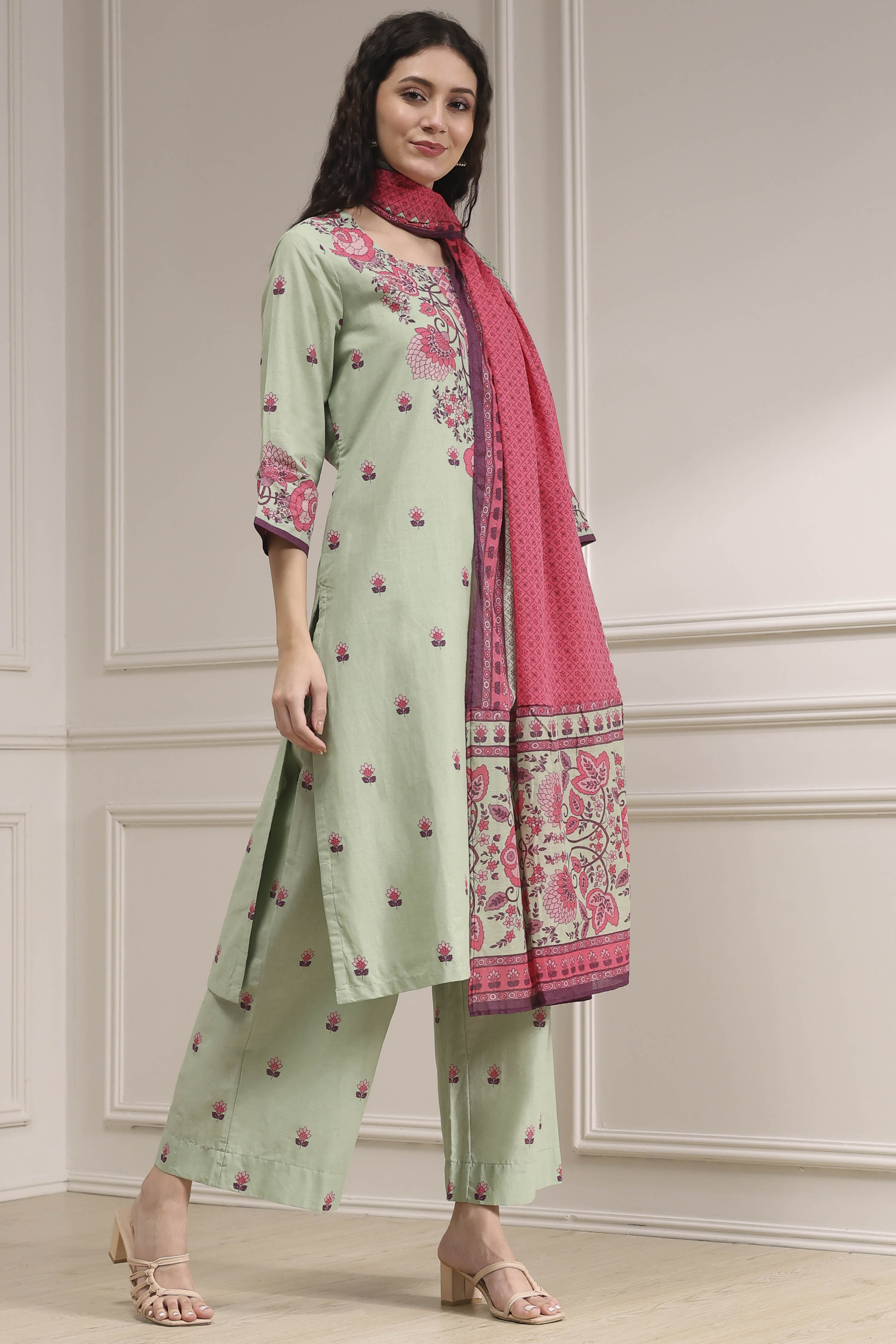 Sage Green Cotton Printed Straight Suit Set image number 5