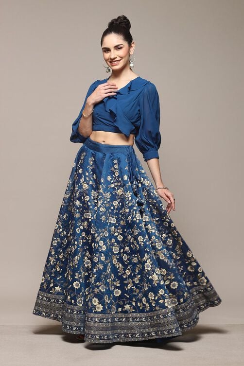 Blue Polyester Straight Kurta Skirt Suit Set image number 3