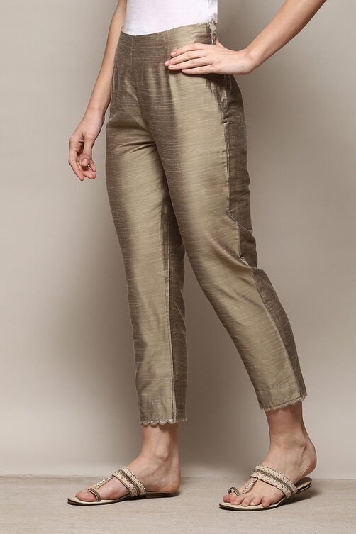 Antique Beige Polyester Slim Yarndyed Pants image number 2