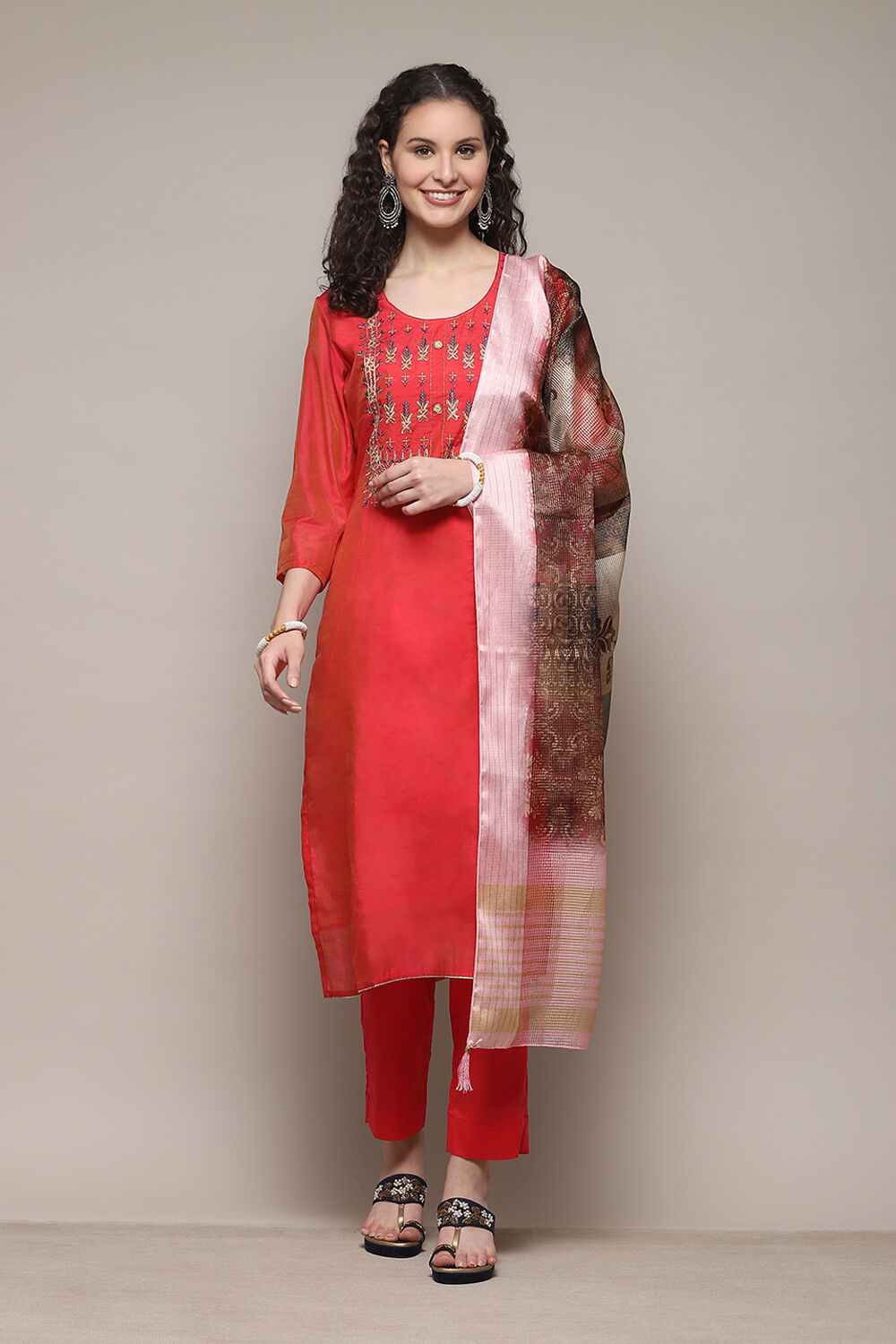 Fuchsia Chanderi Printed Unstitched Suit Set image number 1