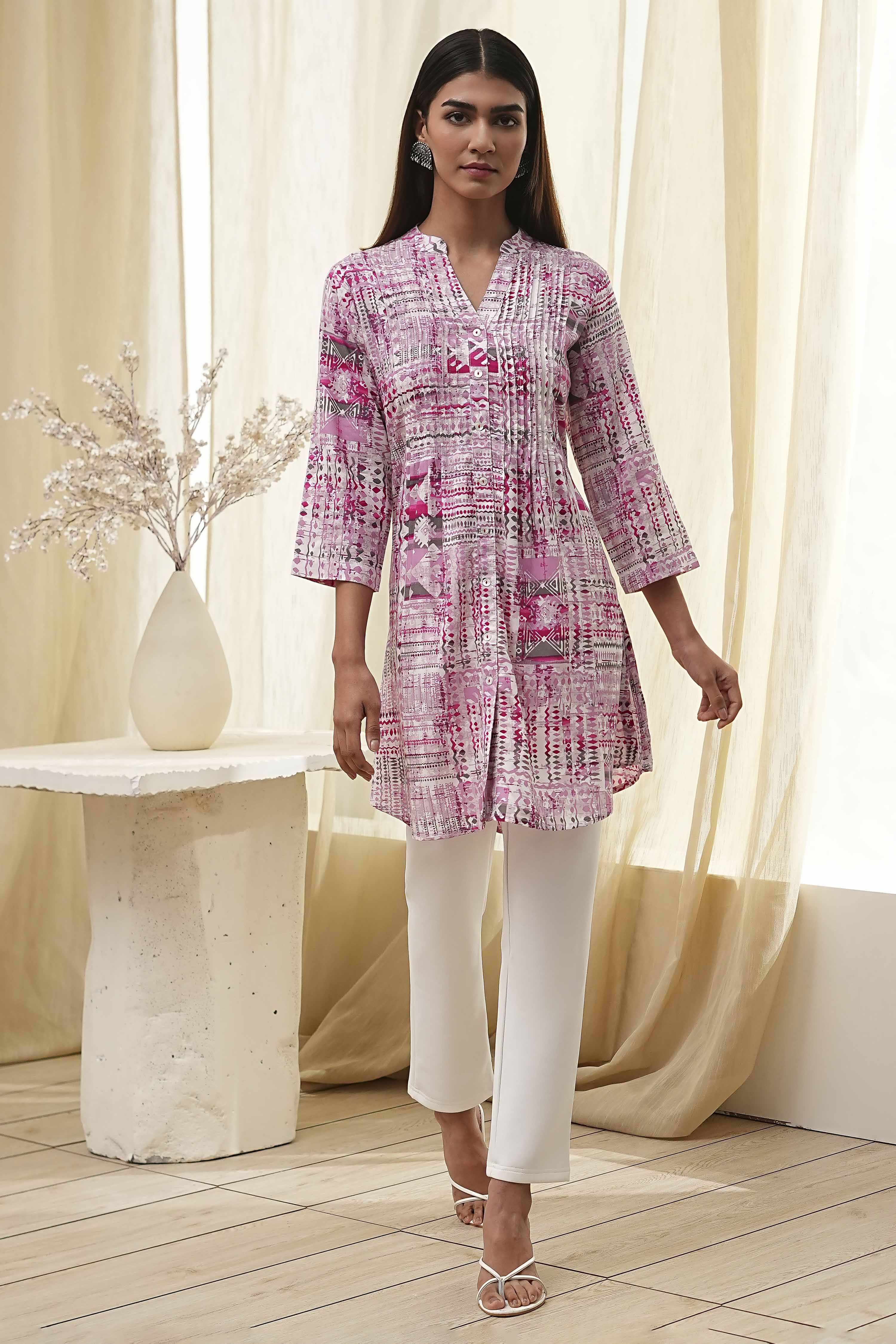 Pink Printed Straight Short Kurta image number 5