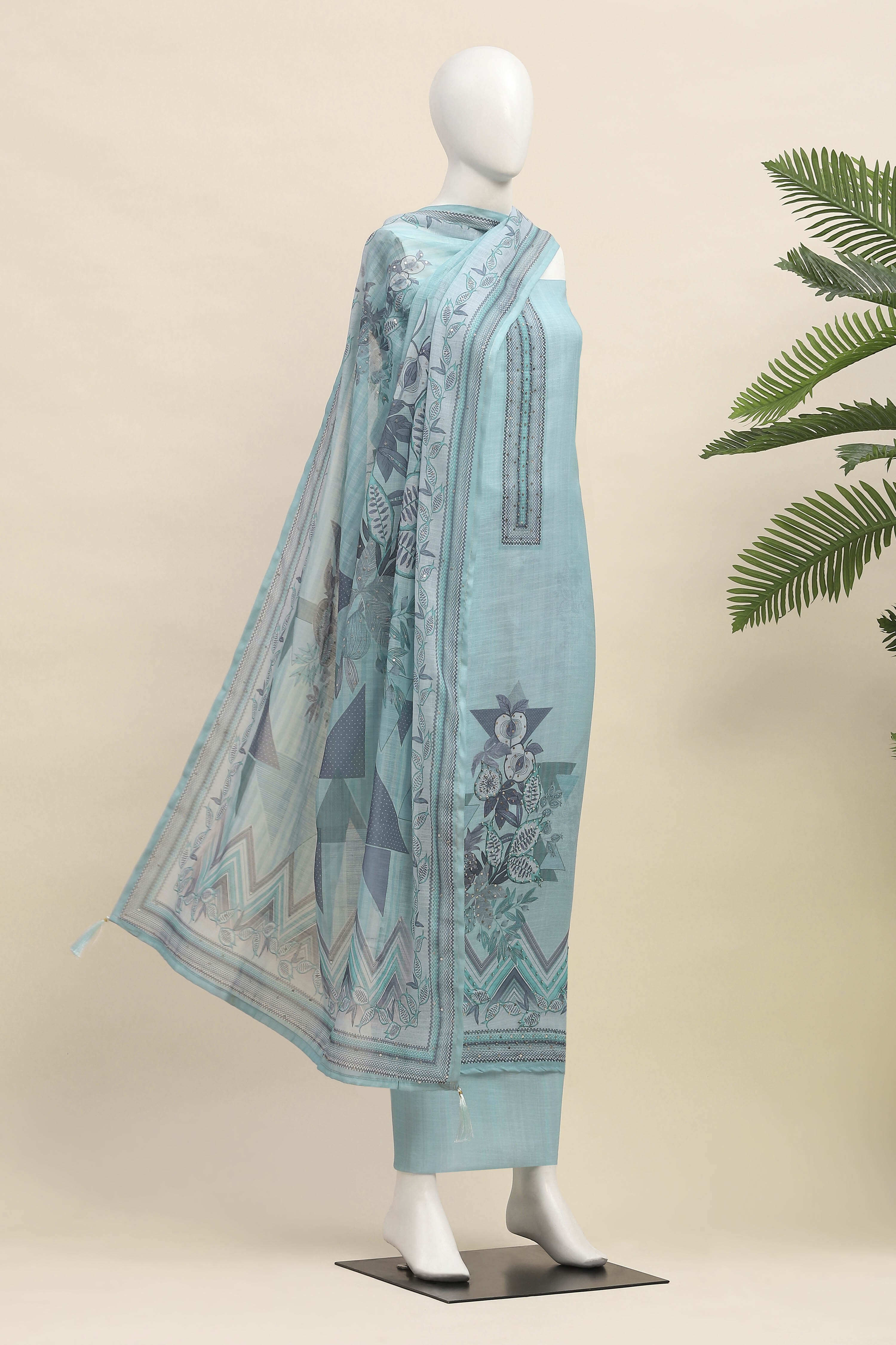 Fawn Linen Unstitched Suit Set image number 4