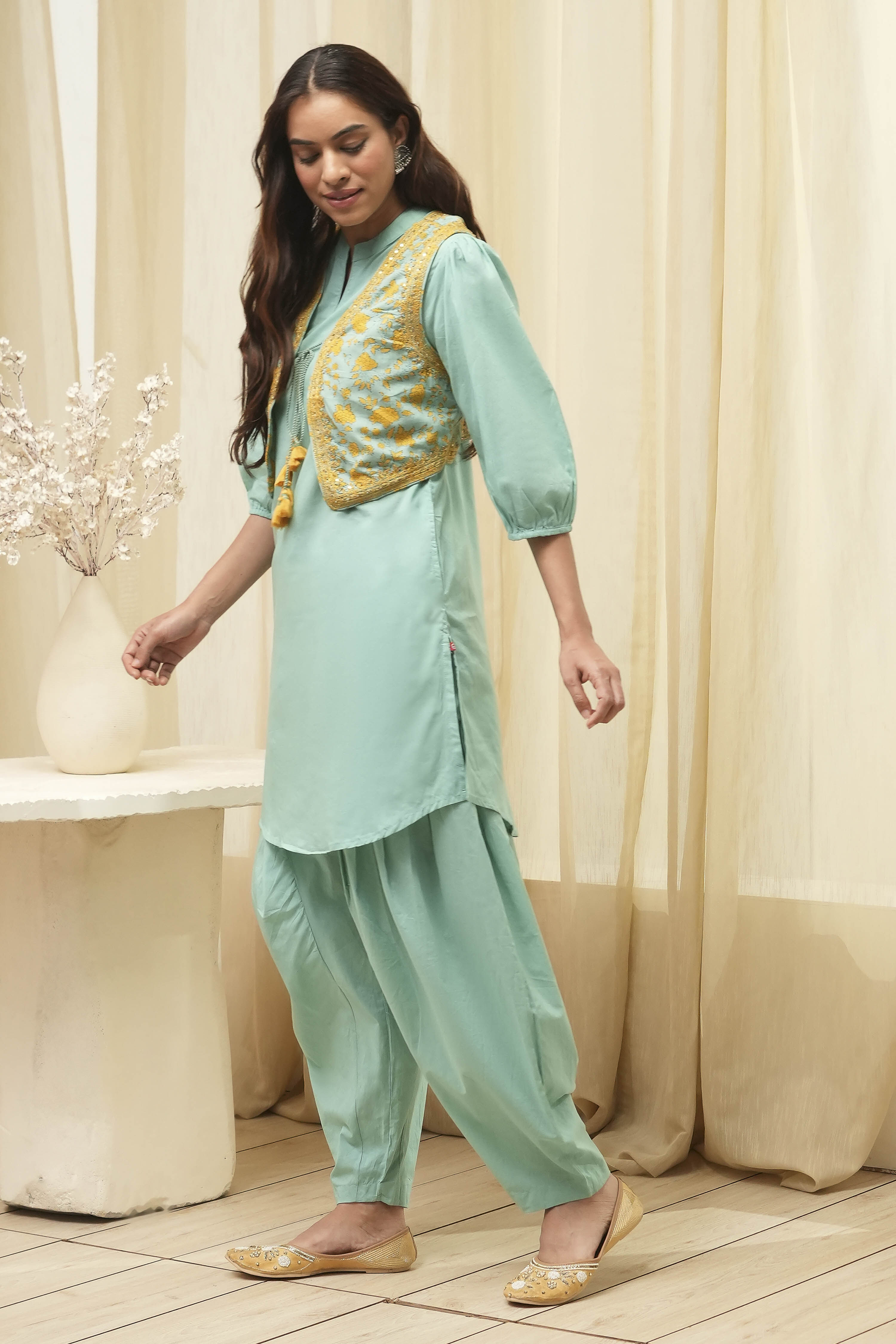 Sage Green Cotton Pathani Straight Kurta Set image number 3