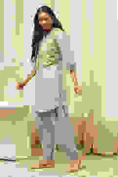 Sage Green Cotton Pathani Straight Kurta Set image number 3