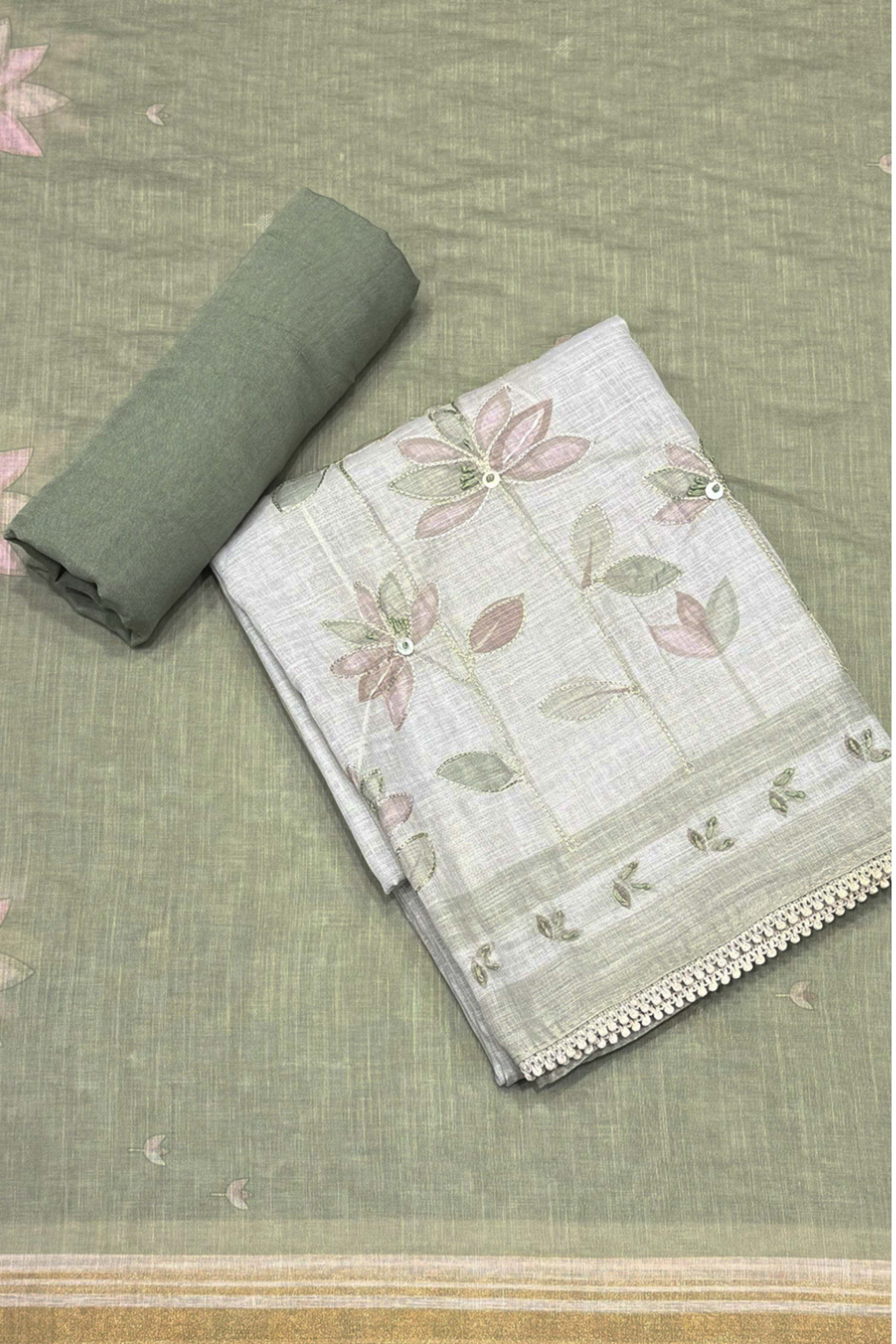 Peach Linen Printed Unstitched Suit Set image number 1