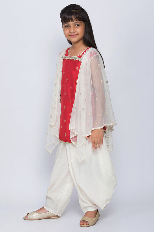 Red And Off White Cotton Silk Straight Kurta Dhoti Pant Suit Set image number 3