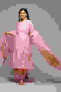 Pink Cotton Blend Layered Kurta Palazzo Suit Set image number 0