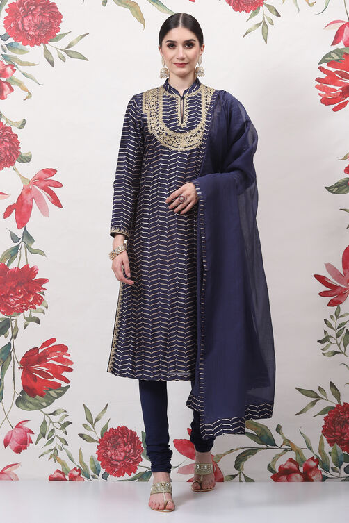 Buy Rohit Bal Blue Cotton Silk Straight Yarndyed Suit Set (Kurta ...