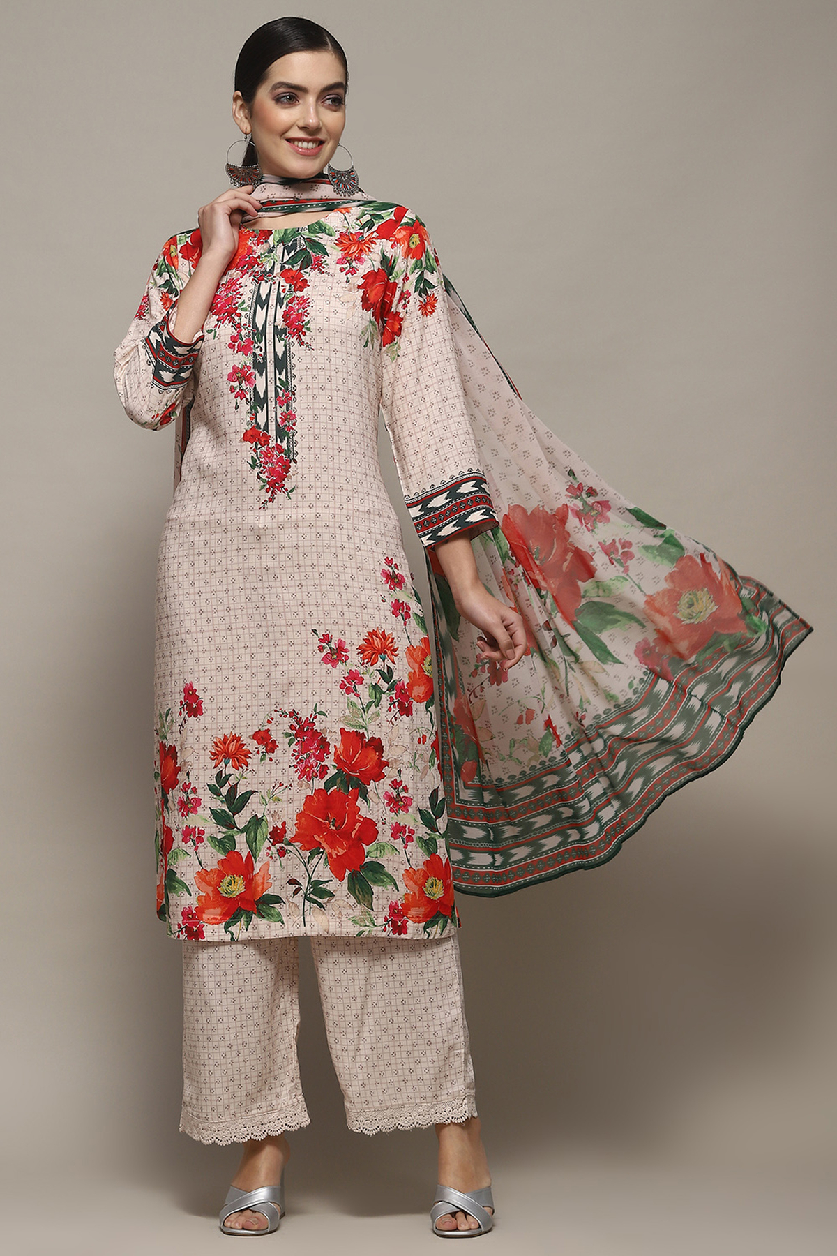Beige Rayon Straight Suit Set